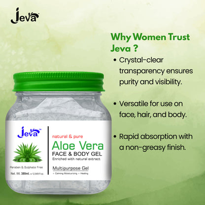 Jeva Aloe Vera Gel in a clear jar, showcasing the hydrating and revitalizing formula for skin and hair care.