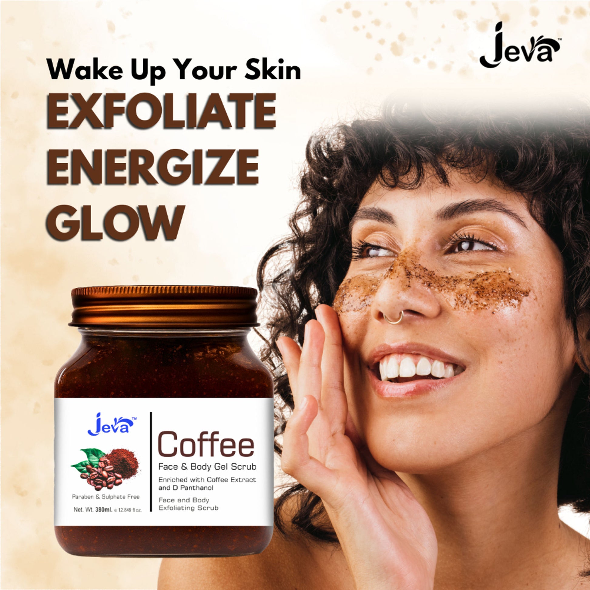 Jeva Coffee Face & Body Exfoliating Gel Scrub - Removes Dead Skin & Dullness