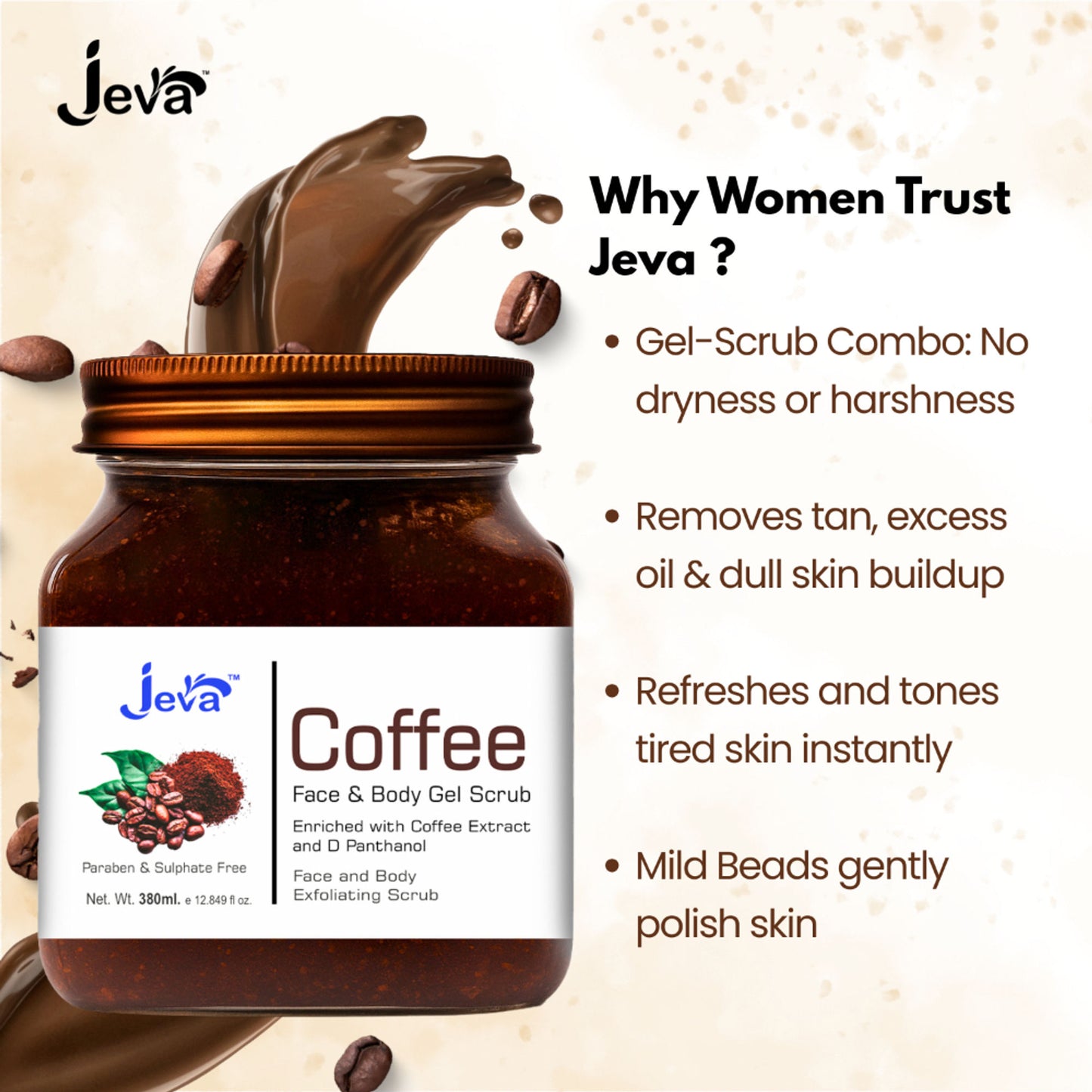 Jeva Coffee Face & Body Exfoliating Gel Scrub - Removes Dead Skin & Dullness