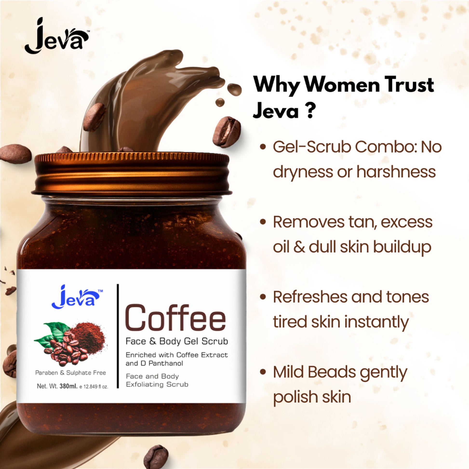Jeva Coffee Face & Body Exfoliating Gel Scrub - Removes Dead Skin & Dullness