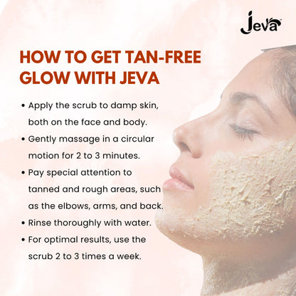 Jeva Papaya Tan Removal Scrub in a jar, featuring brightening and smoothening properties with a natural papaya extract formula.