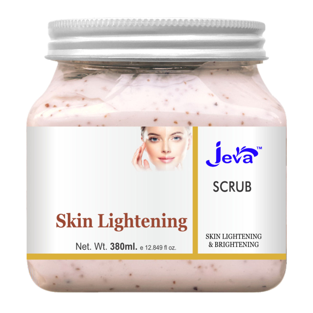 Jeva Skin Lightening Scrub for face and body, exfoliates dead skin cells, enhances skin glow, and smooths skin texture.