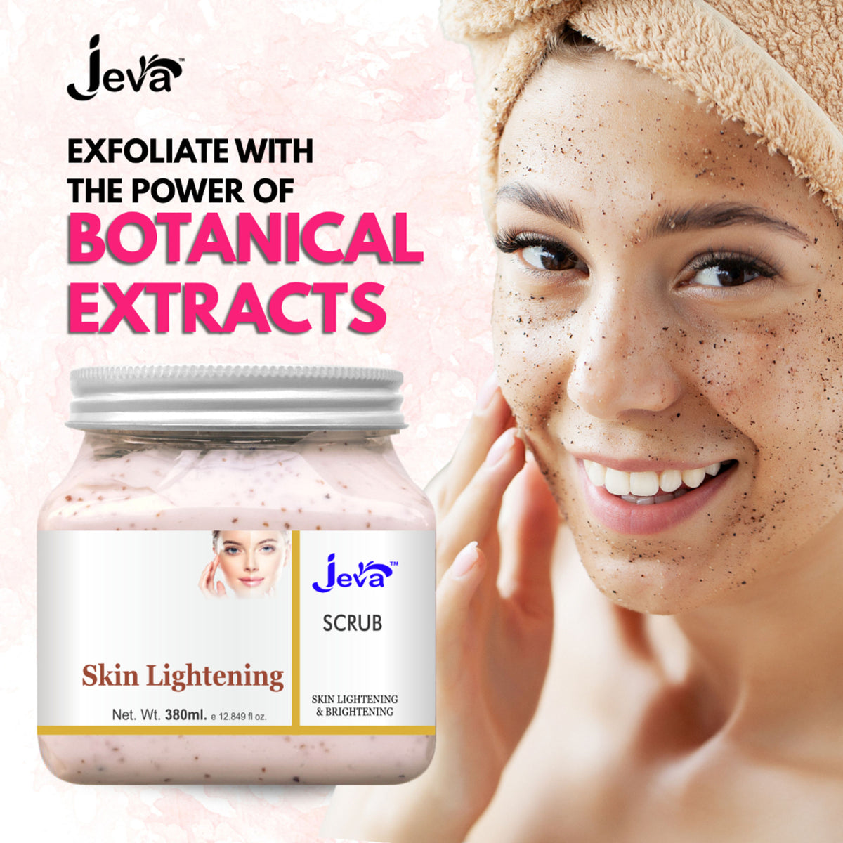 Jeva Skin Lightening Scrub for face and body, exfoliating dead skin cells to enhance glow and smooth skin texture.