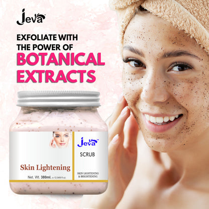 Jeva Skin Lightening Scrub for face and body, exfoliating dead skin cells to enhance glow and smooth skin texture.