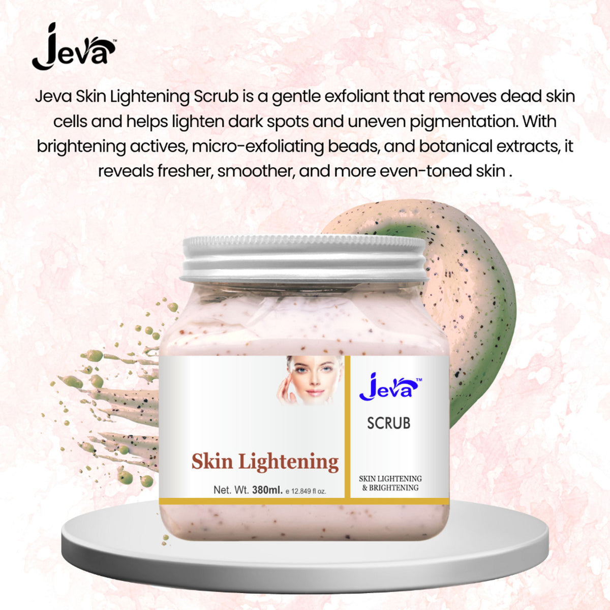 Jeva Skin Lightening Scrub for face and body, exfoliating and removing dead skin cells to enhance glow and smooth skin texture