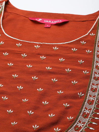 Indyancart VA Women's Maroon Yoke Embroidered Kurta with Trouser & Printed Dupatta