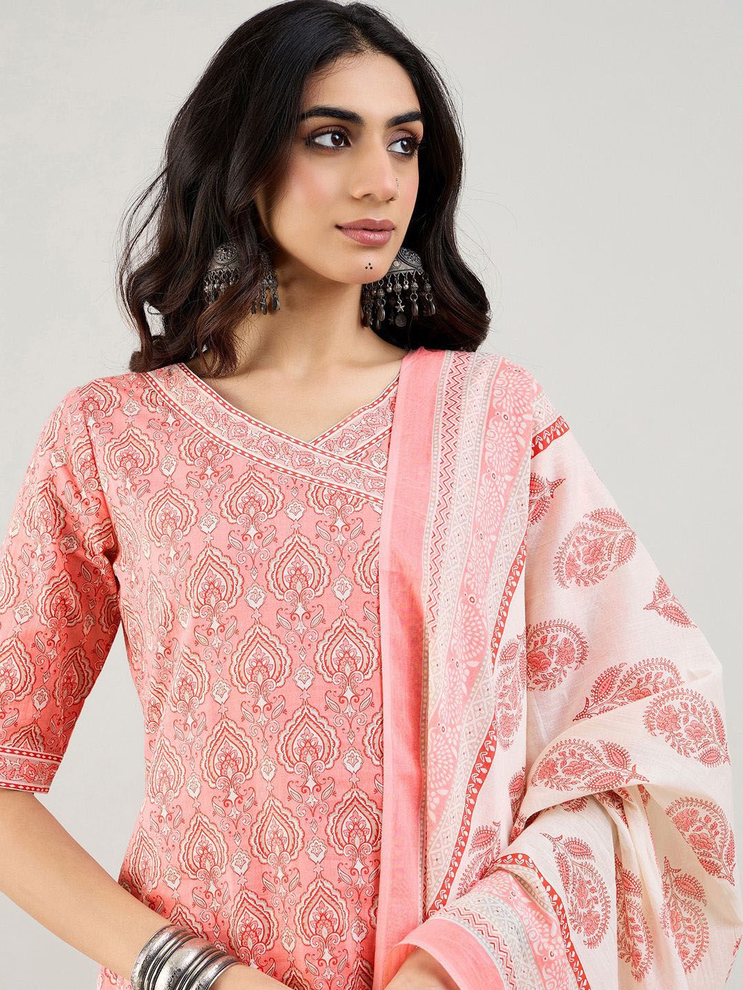 Indyancart IE Ethnic Motifs Printed Angrakha Pure Cotton Kurta With Trousers & Dupatta