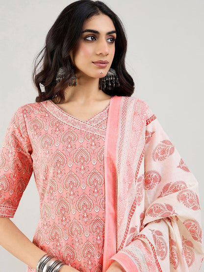 Indyancart IE Ethnic Motifs Printed Angrakha Pure Cotton Kurta With Trousers & Dupatta