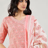 Indyancart IE Ethnic Motifs Printed Angrakha Pure Cotton Kurta With Trousers & Dupatta