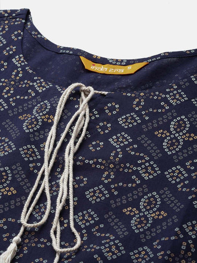 Indyancart IE Bandhani Foil Printed Tie-Up Neck Indigo Kurta
