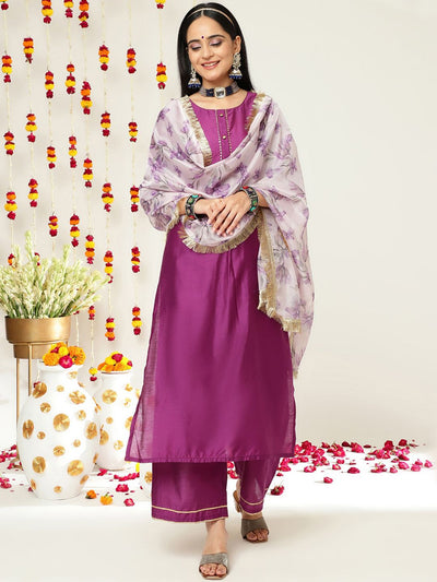 Indyancart VA Women'sRound Neck Regular Kurta with Trousers & With Dupatta