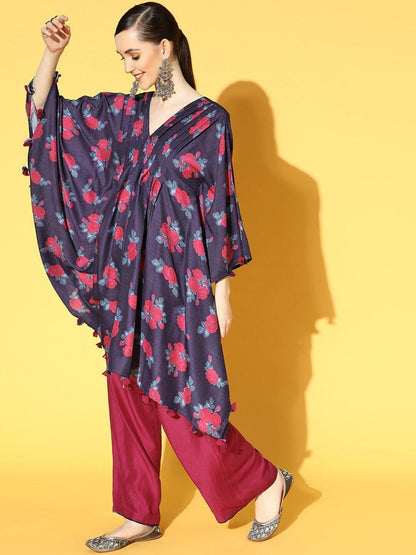 Indyancart VA Women's Navy Blue Floral Printed Kurta with Trousers