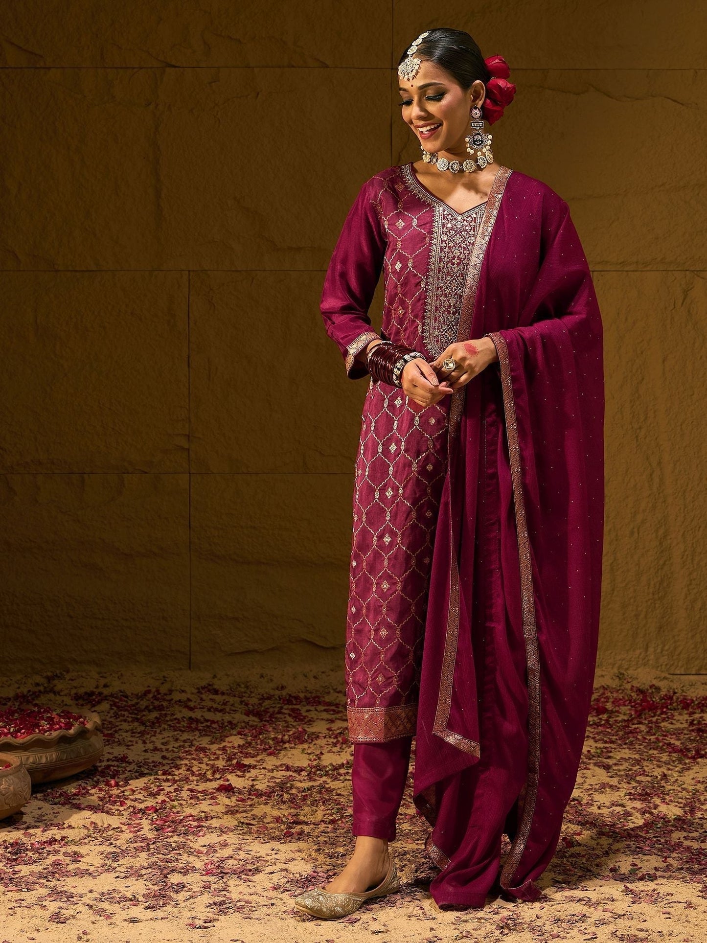 Indyancart IE Floral Embroidered Embellished V-Neck Straight Kurta with Trouser And Dupatta