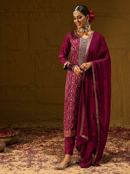 Indyancart IE Floral Embroidered Embellished V-Neck Straight Kurta with Trouser And Dupatta