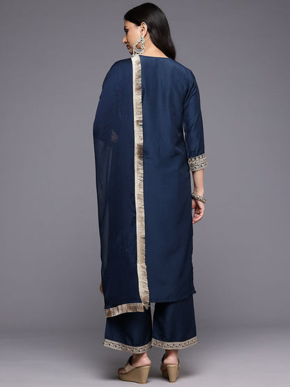 Indyancart VA Ethnic Motifs Embroidered Zari Kurta With Palazzos & Dupatta
