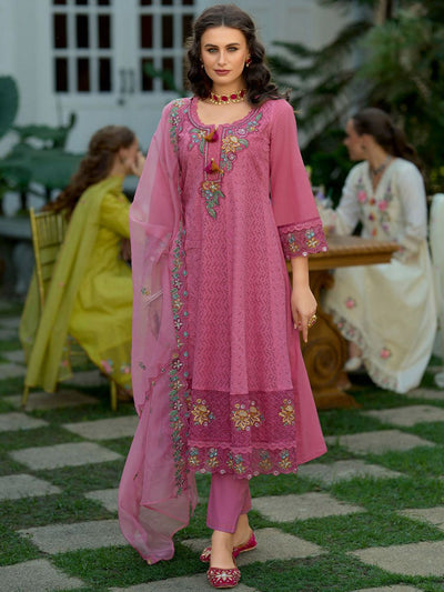 Indyancart IE Floral Embroidered Pure Cotton Anarkali Kurta With Trousers And Dupatta