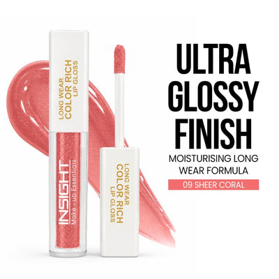 Insight Cosmetics Long Wear Color Rich Lip Gloss, Moisturising Long Wear Formula, Ultra Glossy Finish - Sheer Coral