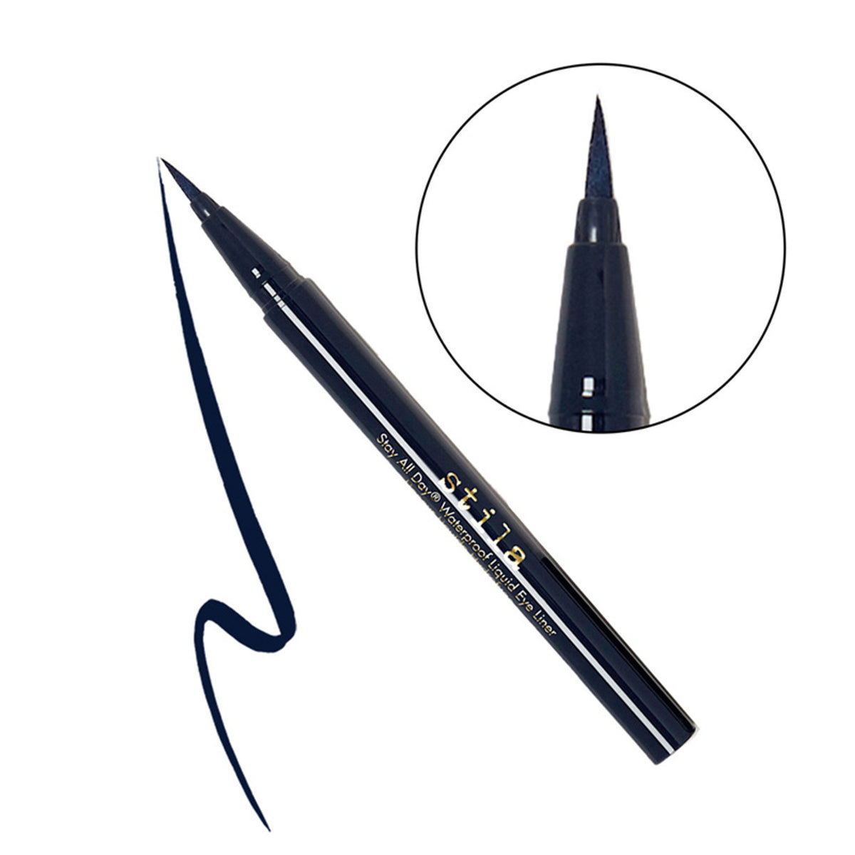 Stila Cosmetics Stay All Day Waterproof Liquid Eye Liner in Midnight Blue, close-up of the sleek black applicator and tip.