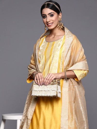 Dhiyona IE Women Yellow Printed Liva Kurta with Palazzos & With Dupatta