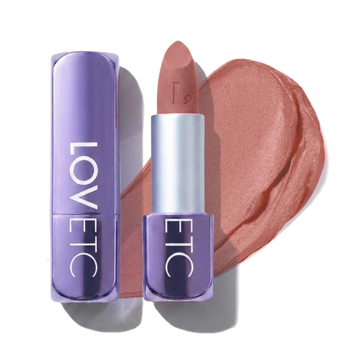 LOVETC High Definition matte lipstick in Dessert Therapy shade, transfer-proof and non-drying, shown in a close-up image.