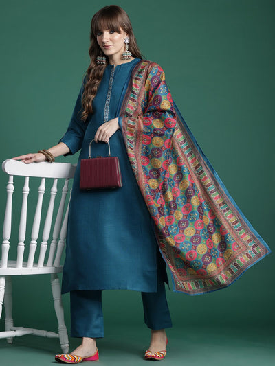 Indyancart IE Embroidered Pure Cotton Kurta with Trousers & Dupatta