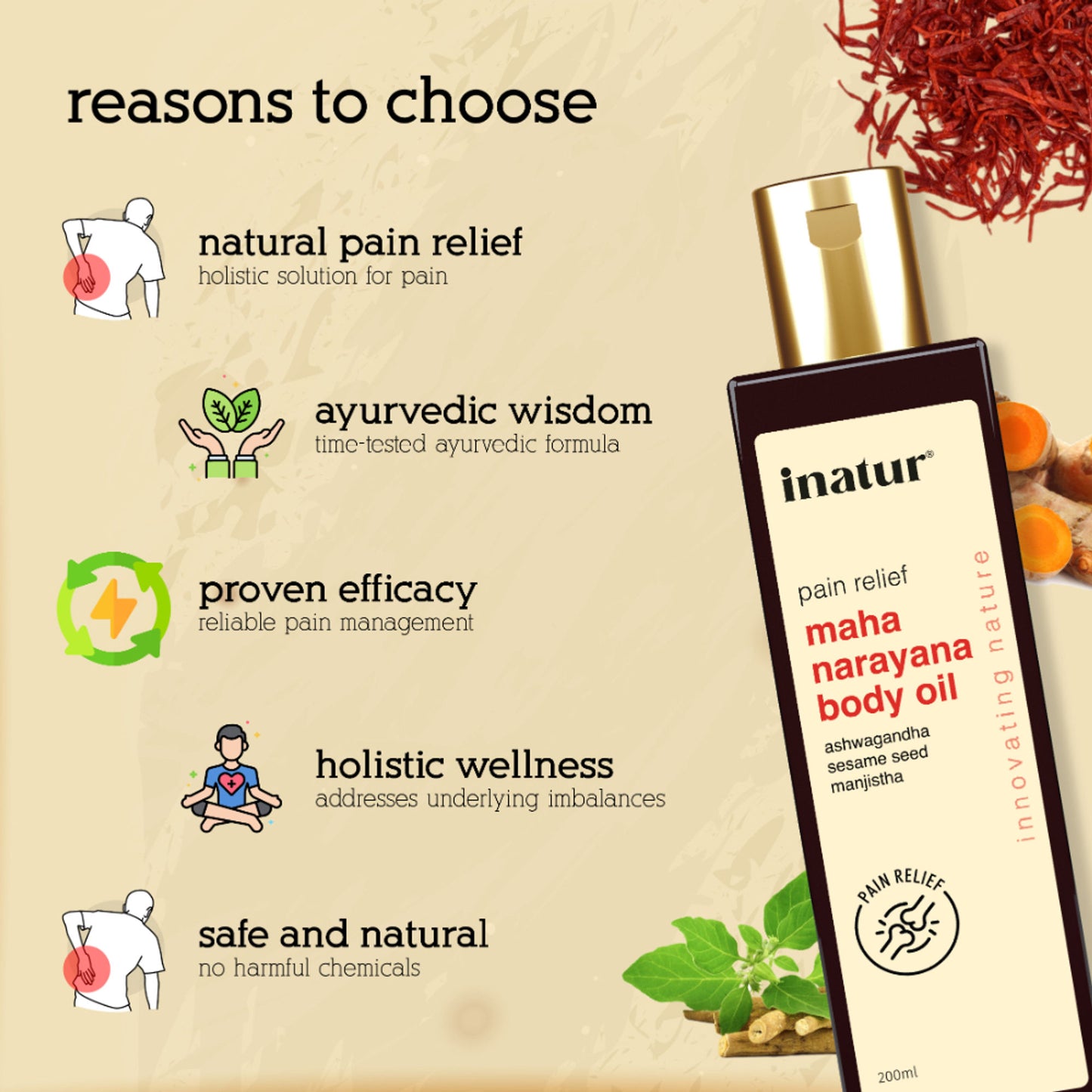 inatur Maha Narayana Ayurvedic Massage Oil with Ashwagandha & Manjistha for Body Pain Relief