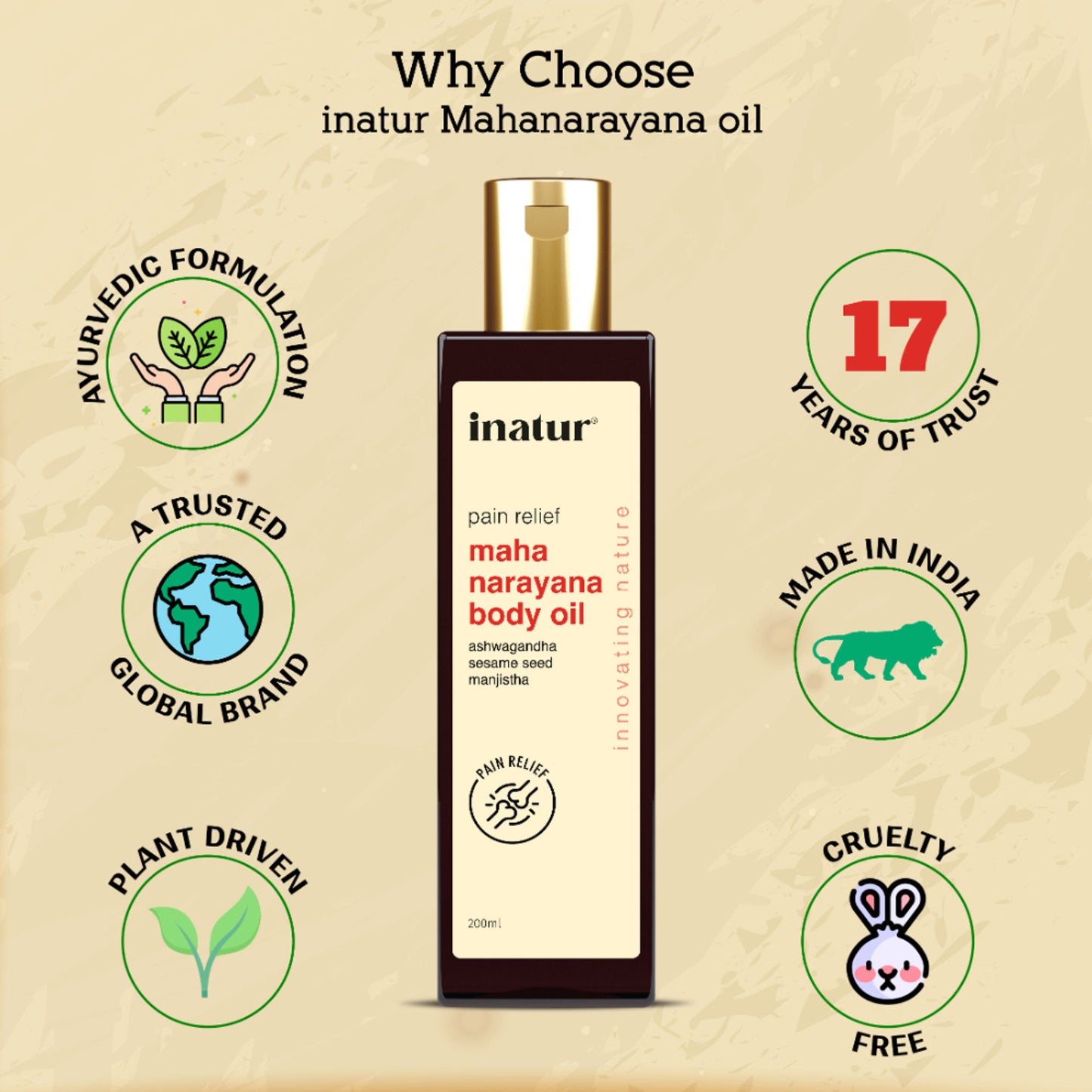 inatur Maha Narayana Ayurvedic Massage Oil with Ashwagandha & Manjistha for Body Pain Relief