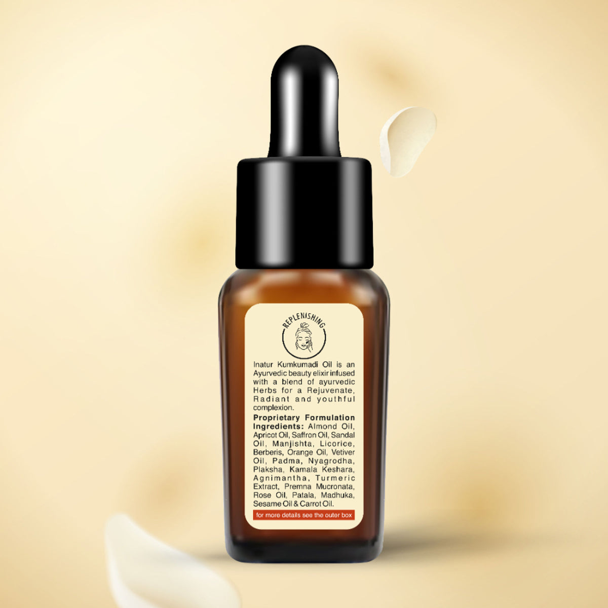 Inatur Kumkumadi Face Oil in a glass bottle, Ayurvedic glow formula for all skin types, reduces blemishes and fine lines.