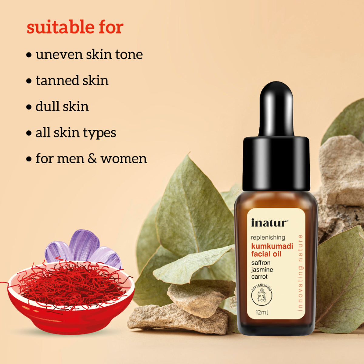 Inatur Kumkumadi Face Oil bottle with dropper, Ayurvedic glow formula for brightening and reducing blemishes on all skin types
