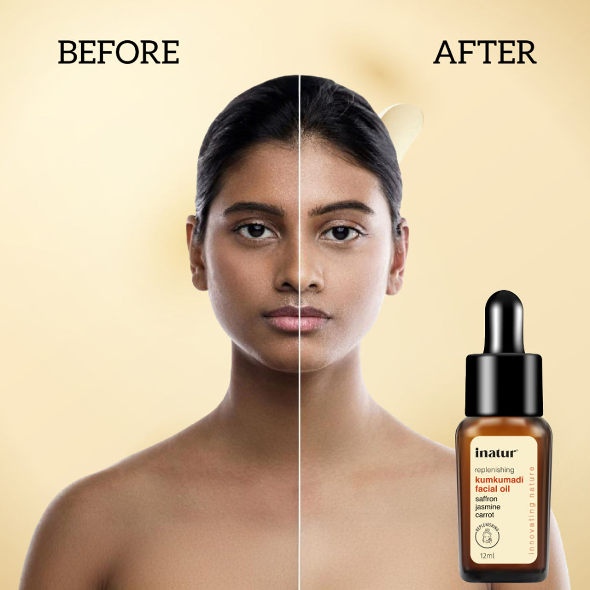Inatur Kumkumadi Face Oil bottle with dropper, Ayurvedic glow formula for radiant skin, reducing blemishes and fine lines.