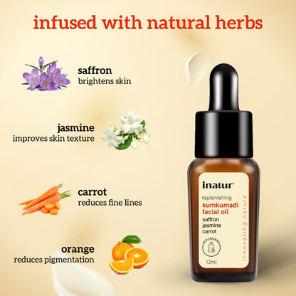 Inatur Kumkumadi Face Oil with Ayurvedic ingredients, showcasing the bottle and natural herbal packaging for glowing, blemish-free skin.