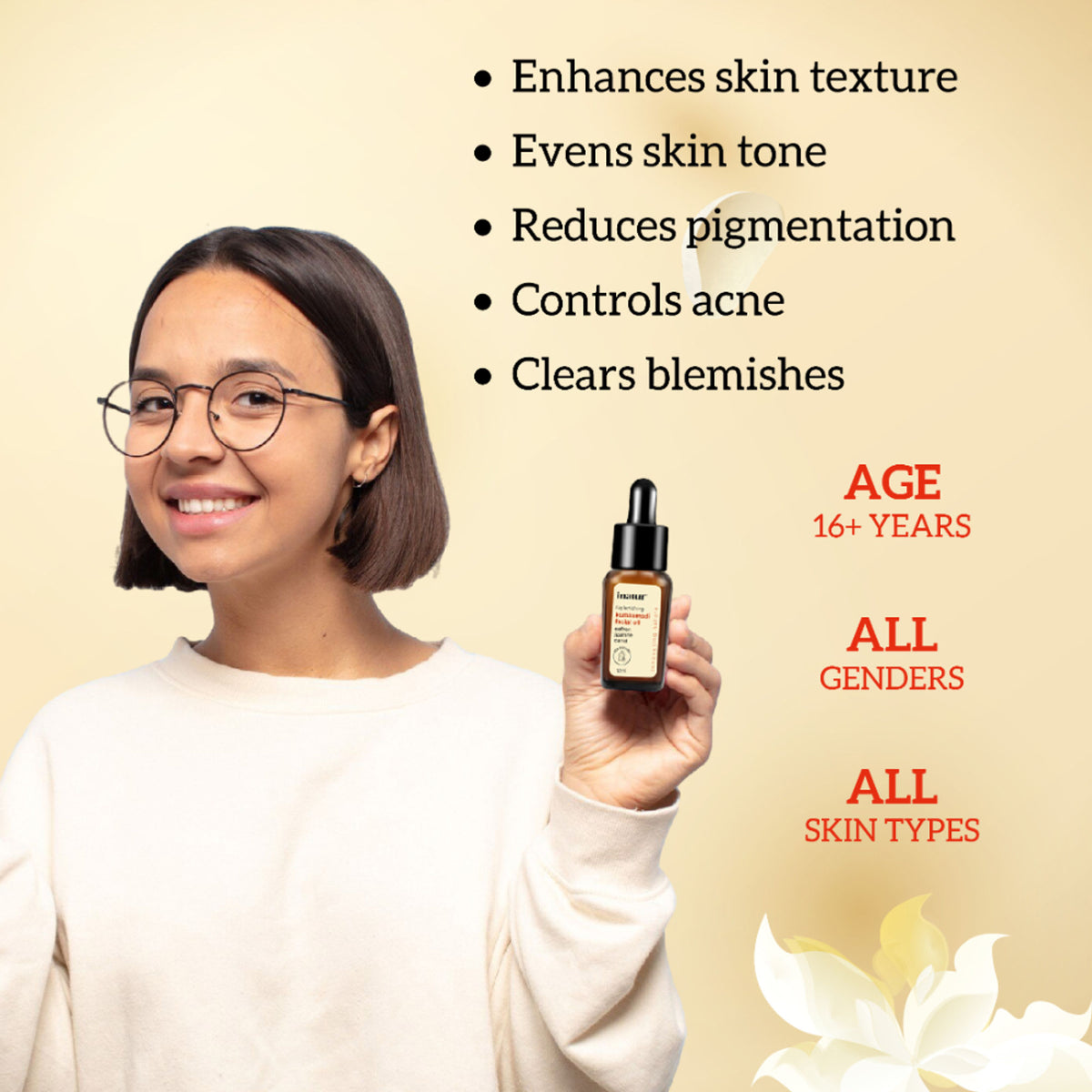 Inatur Kumkumadi Face Oil bottle with dropper, Ayurvedic glow formula for reducing blemishes and fine lines on all skin types