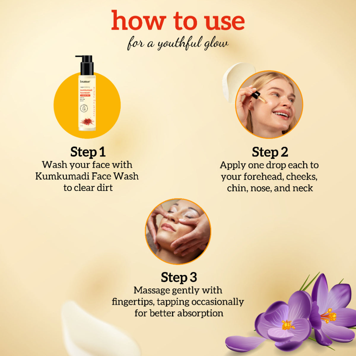 Inatur Kumkumadi Face Oil bottle with dropper, Ayurvedic skincare for glowing skin, reduces blemishes and fine lines.