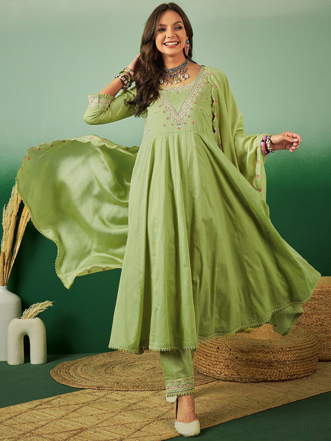 Indyancart SN Women's Sequence Embroidered Pure Cotton Anarkali Kurta With Trousers & Dupatta