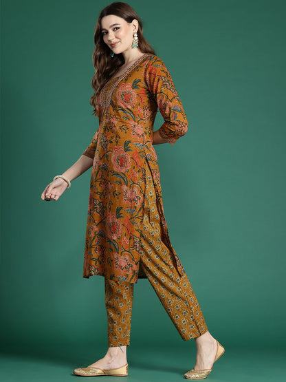 Dhiyona IE Floral Printed Sequinned Pure Cotton Kurta With Trousers & Dupatta