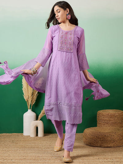 Indyancart SN Women's Embroidered A-Line Kurta With Trouser & Dupatta