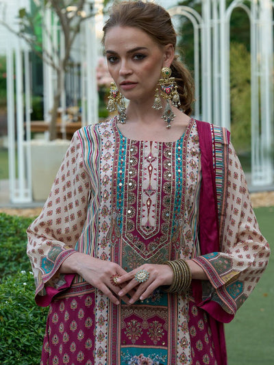 Dhiyona IE Floral Printed Mirror Work Liva A-Line Kurta with Palazzos & Dupatta