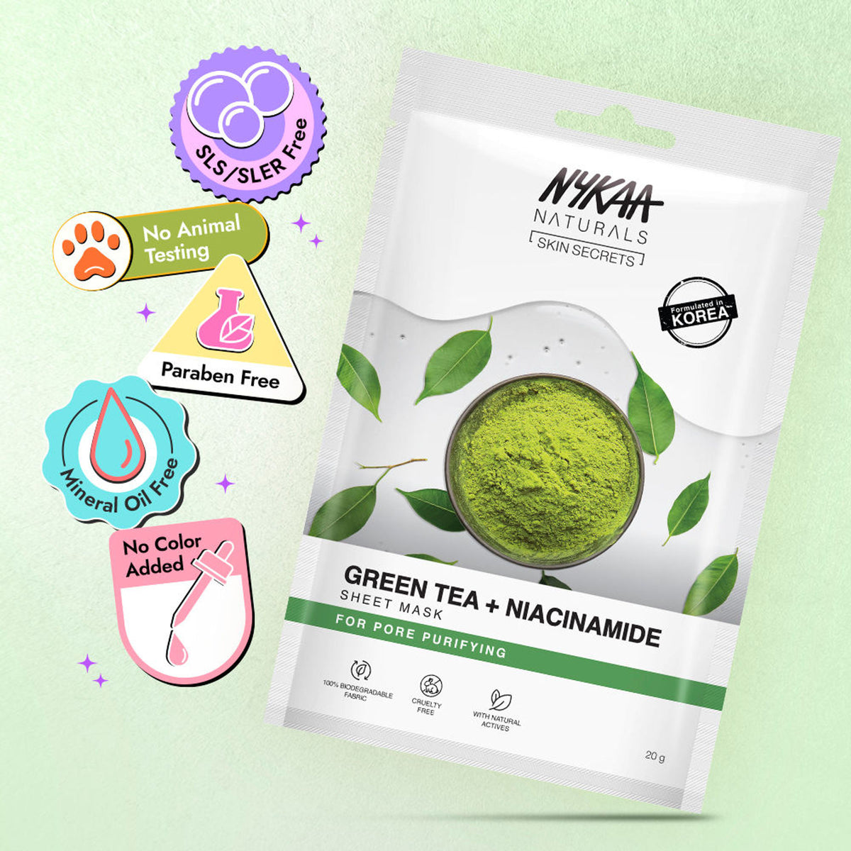 Nykaa Naturals Korean Sheet Mask Green Tea & Niacinamide For Pore Purifying