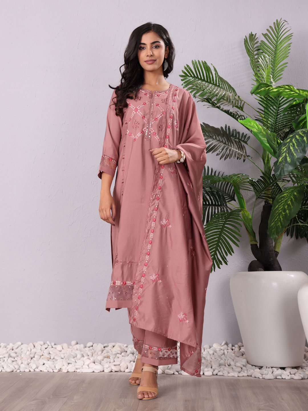 Indyancart VA Women'sMauve Floral Embroidered Mirror Work Kurta With Trousers & Dupatta