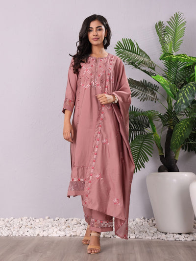 Indyancart VA Women'sMauve Floral Embroidered Mirror Work Kurta With Trousers & Dupatta