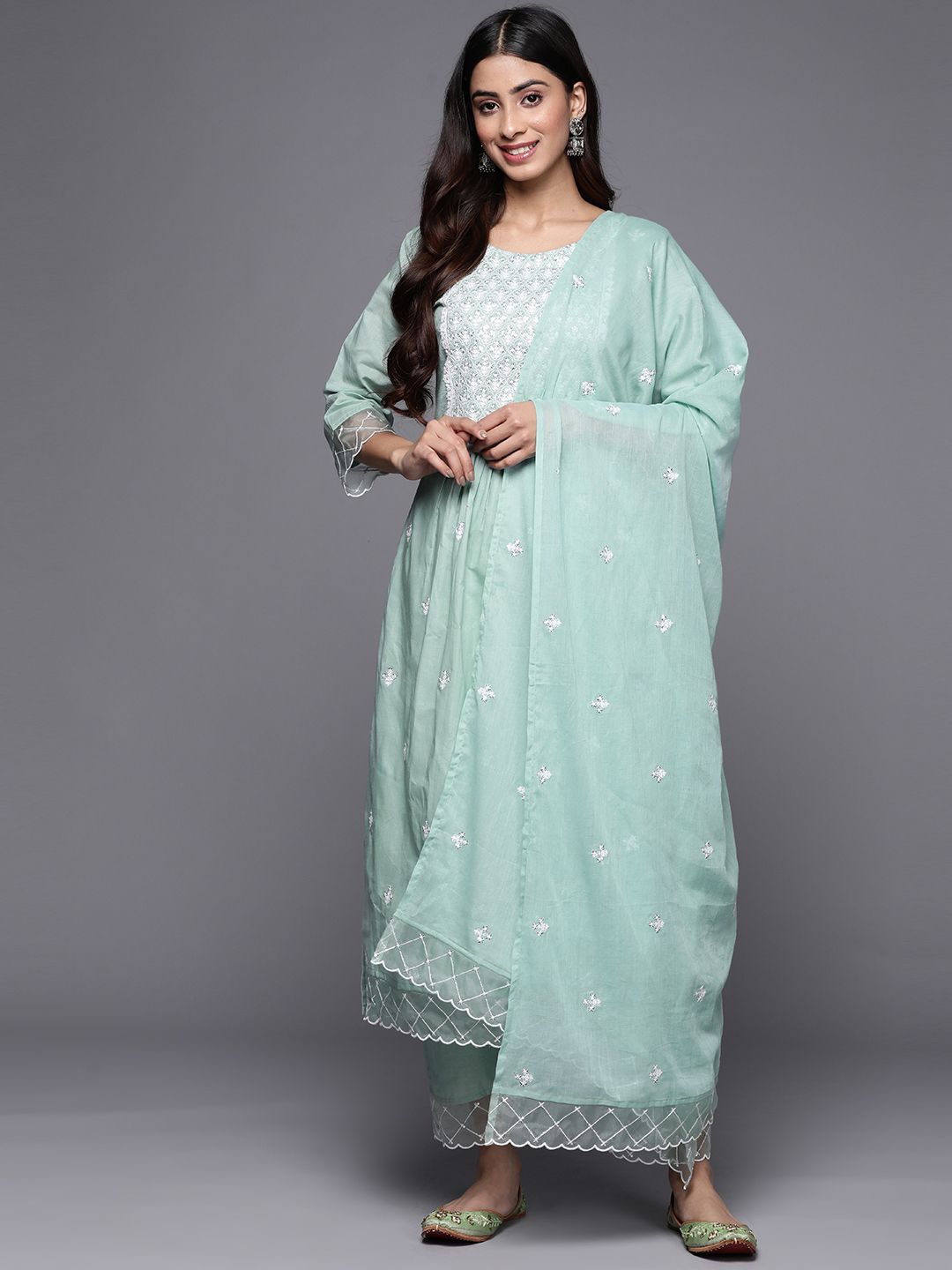 Indyancart VA Women's Floral Embroidered Sequinned Pure Cotton Kurta Set