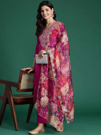 Indyancart IE Women Ethnic Motifs Embroidered Regular Kurta with Trousers & With Dupatta