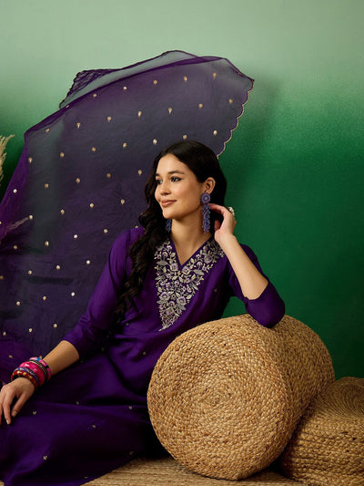 Indyancart SN Women's Purple Floral Embroidered V-Neck Sequinned Straight Kurta With Trouser & Dupatta