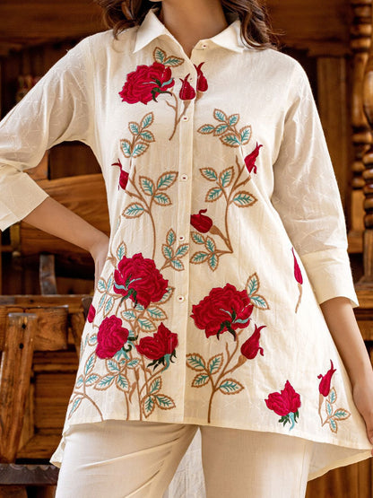 Indyancart IE Floral Embroidered Thread Work Pure Cotton Shirt with Trousers