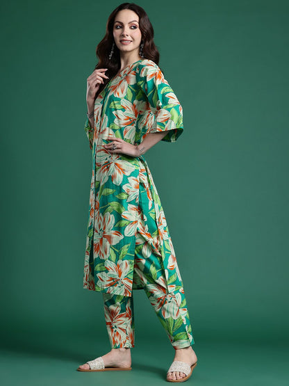Indyancart IE Women Floral Printed Regular Pure Cotton Kurta with Trousers