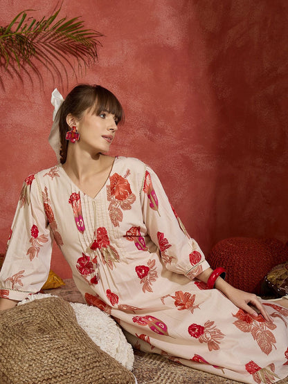 Women Floral Printed Pure Cotton A-Line Kurta with Trousers