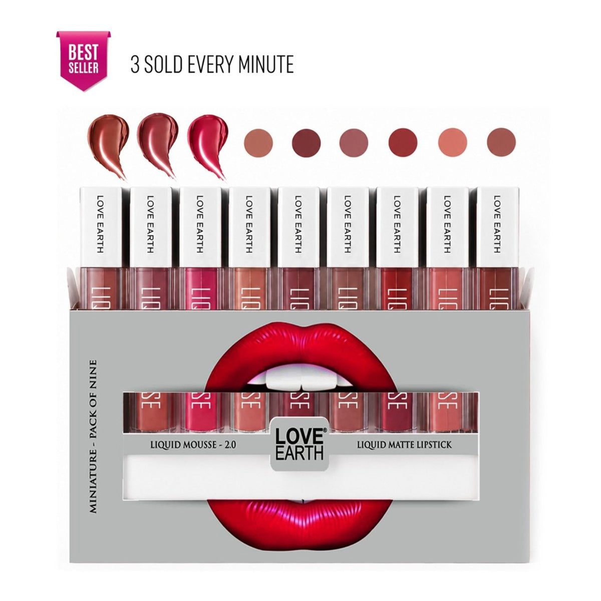 Love Earth Liquid Mousse Matte Lipstick pack of 9, showing various shades of liquid mousse lipstick in sleek tubes.