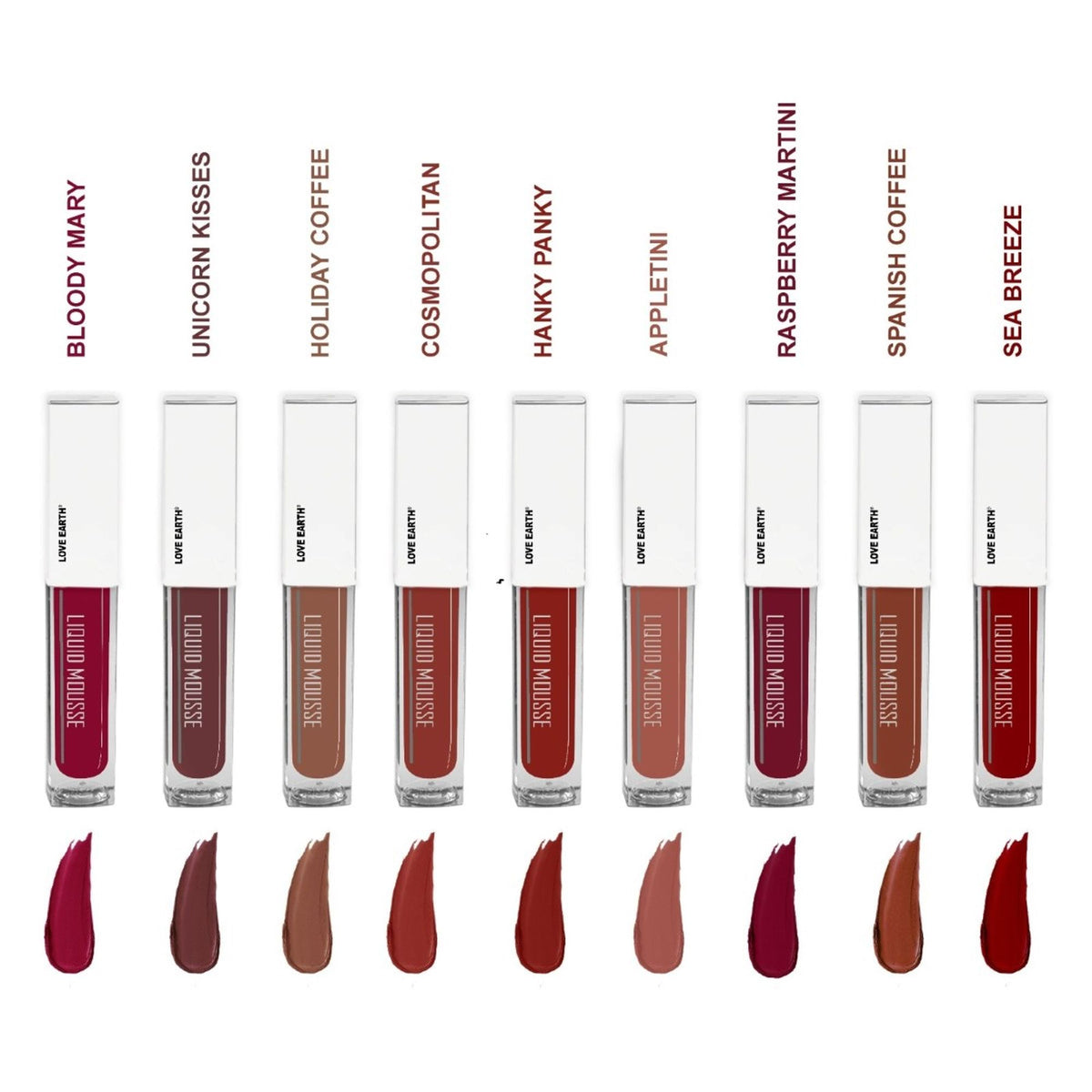 Love Earth Liquid Mousse Matte Lipstick pack of 9 in various shades, featuring sleek tubes and vibrant color options.