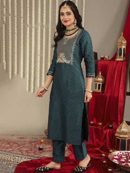 Dhiyona VA Women's Green Ethnic Motifs Embroidered Gotta Patti Kurta with Trousers & With Dupatta