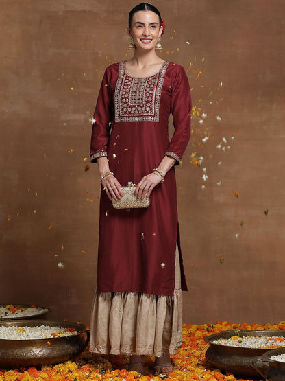 Indyancart IE Ethnic Motifs Embroidered A-line Kurta